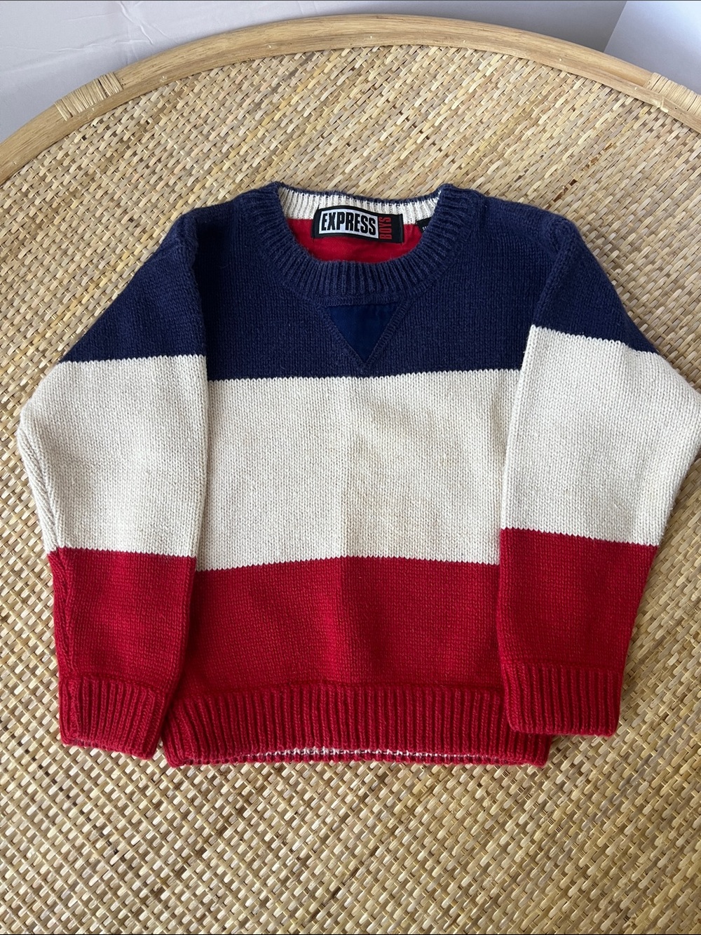 Express Boys vintage 90s Tricot Colorblock cotton bl sweater Red w Blue crew S 4